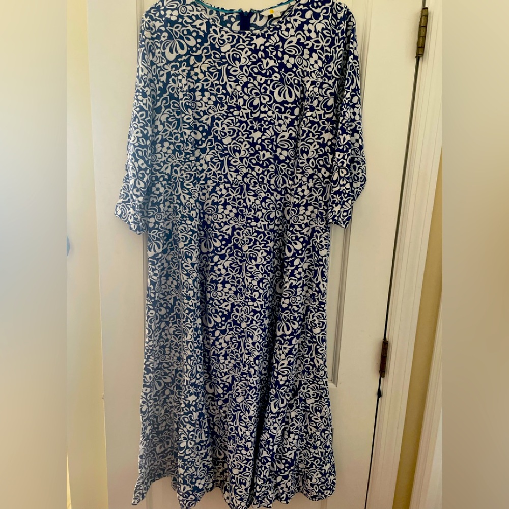 Boden  Midi Tea Dress Women Sz 14 Navy/white 2 Pockets, 3/4 Sleeves A-Line style